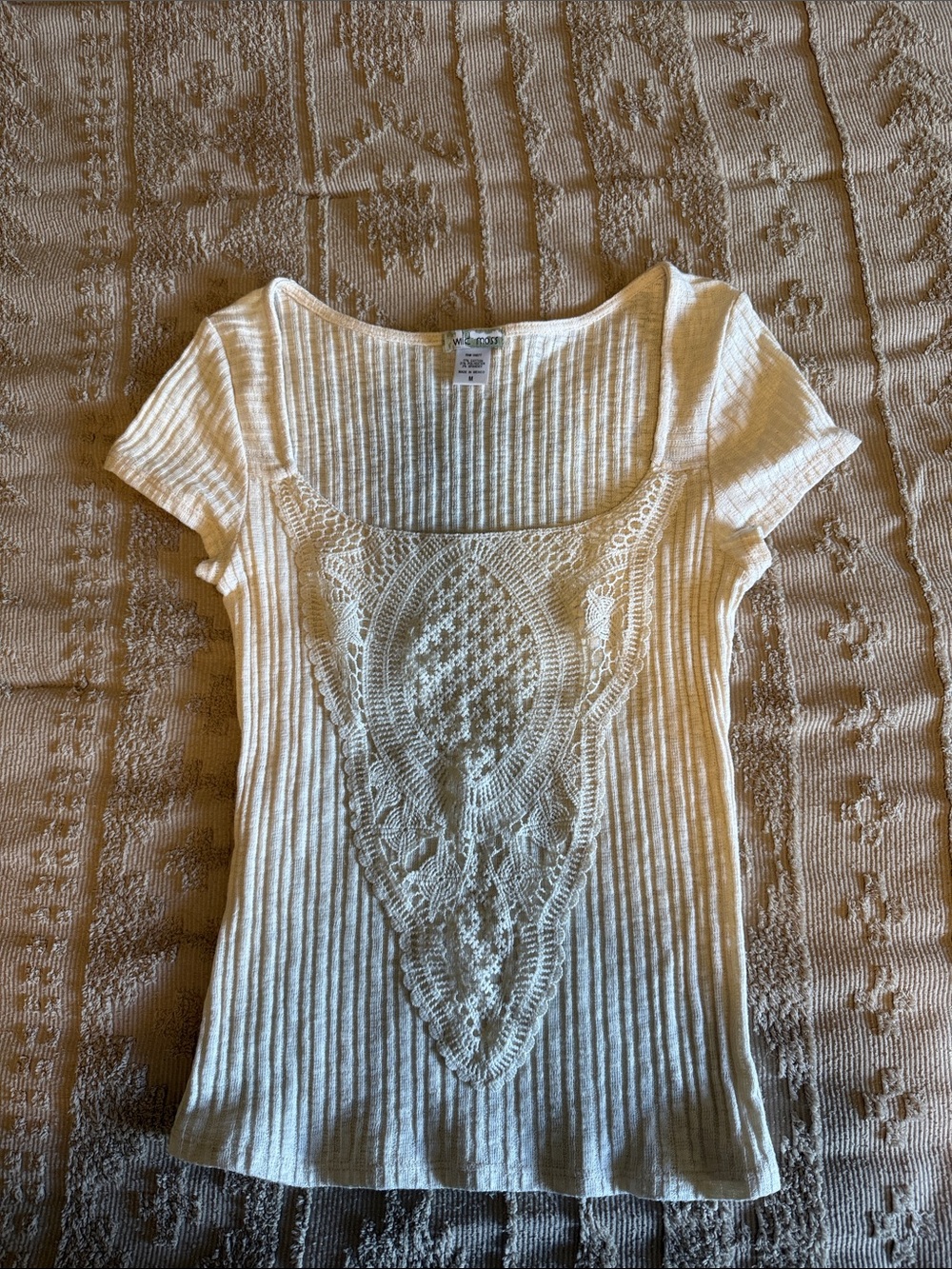 Scoop Neck Lace-Panel Ribbed Women's Top — White